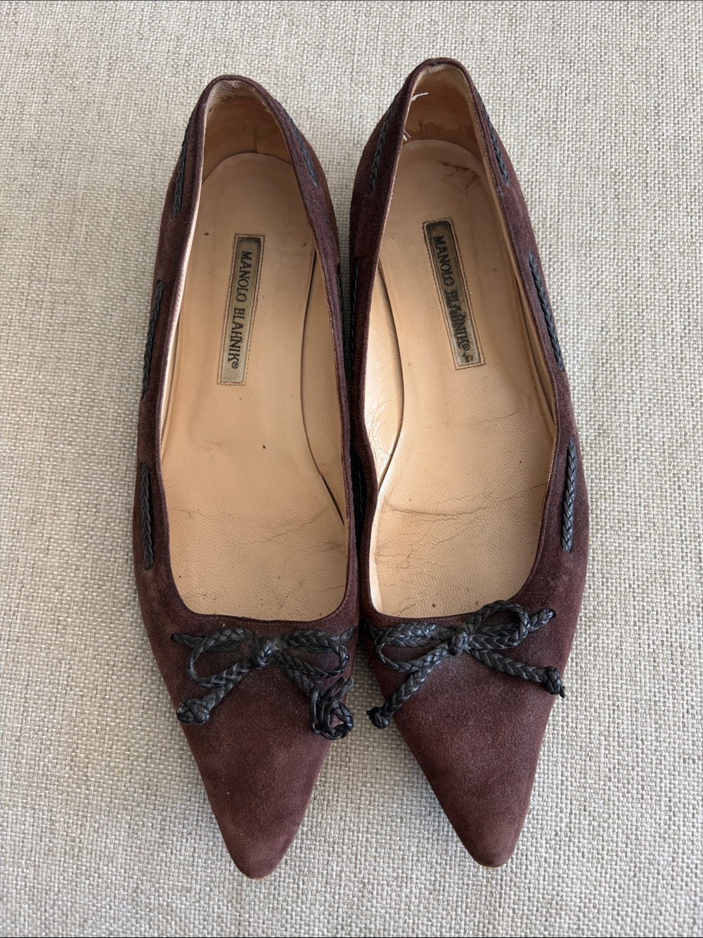 Manolo Blahnik Dark Brown Suede Pointed-Toe Flats with Braided Trim
